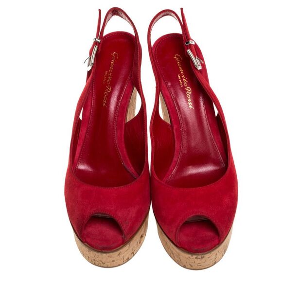 Gianvito Rossi Red Suede Leather Cork Wedge Peep Toe Platform Slingback Sandals - Picture 3 of 4